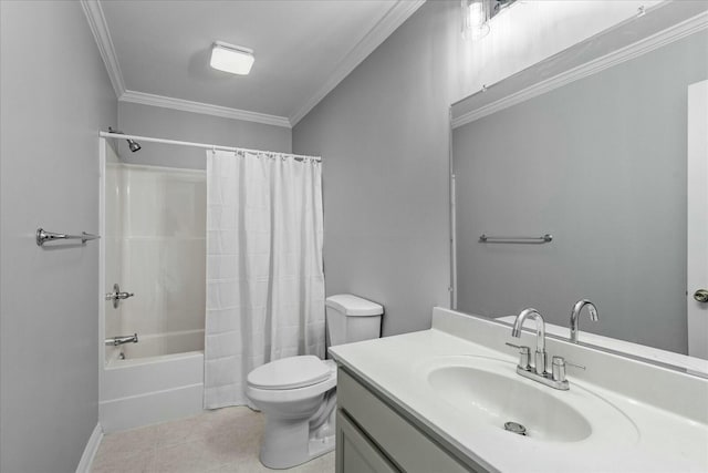 full bathroom featuring shower / bathtub combination with curtain, tile patterned flooring, ornamental molding, and vanity