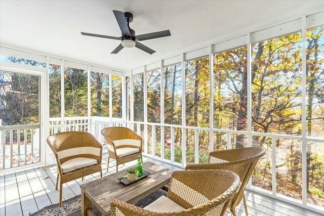 sunroom / solarium featuring plenty of natural light and ceiling fan