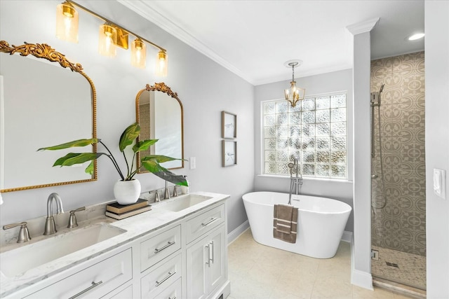 bathroom with tile patterned flooring, vanity, ornamental molding, and plus walk in shower