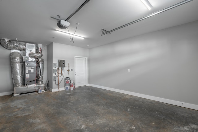 garage featuring a garage door opener, electric panel, and heating unit