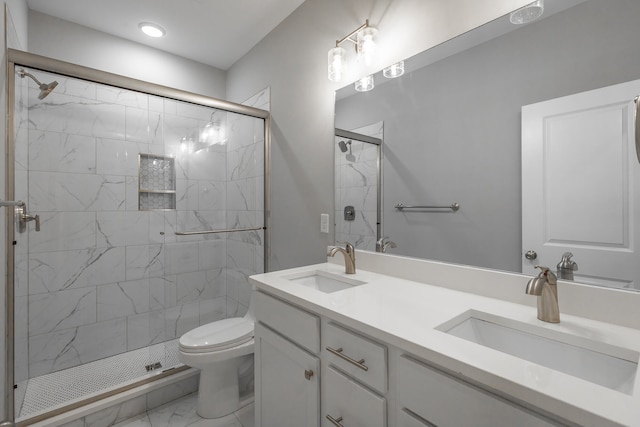 bathroom with vanity, a shower with shower door, and toilet