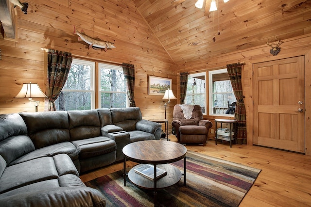 living room with high vaulted ceiling, wooden ceiling, hardwood / wood-style floors, and wood walls