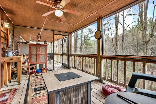 sunroom featuring wood ceiling and ceiling fan