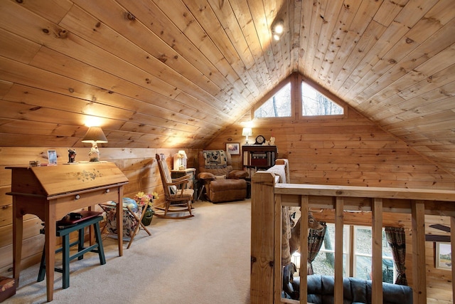 interior space featuring vaulted ceiling, wooden ceiling, wooden walls, and carpet