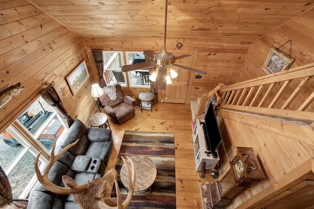 interior space with hardwood / wood-style flooring, vaulted ceiling, wooden ceiling, and wood walls