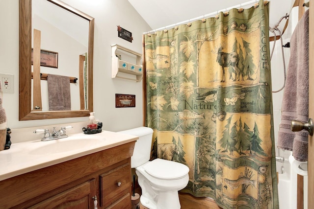 bathroom with walk in shower, vanity, toilet, and vaulted ceiling