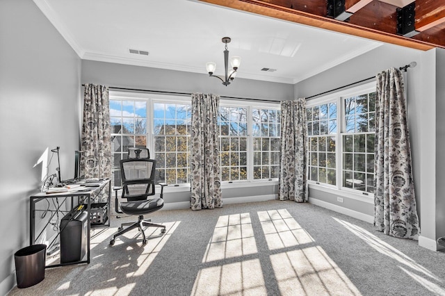 carpeted home office with a notable chandelier and crown molding