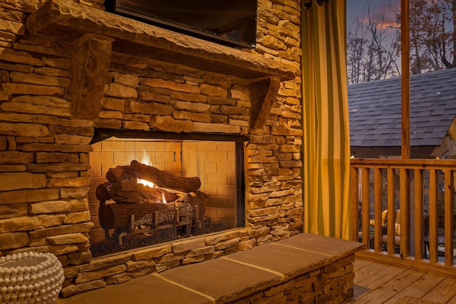 details featuring a stone fireplace