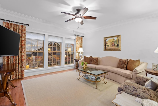 living room featuring wood-type flooring, ceiling fan, and ornamental molding