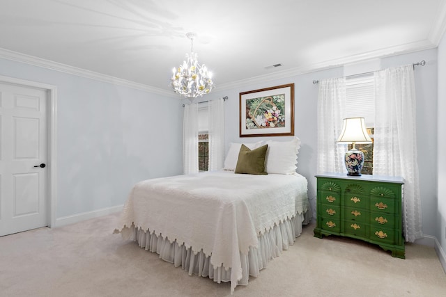 bedroom with light colored carpet, crown molding, and a chandelier