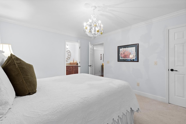 bedroom with ensuite bath, light carpet, crown molding, and a notable chandelier