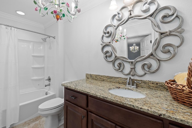 full bathroom with shower / bath combo, vanity, an inviting chandelier, toilet, and ornamental molding