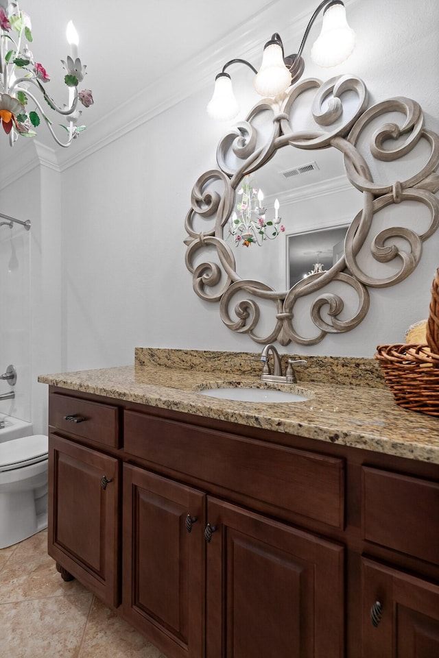 full bathroom featuring vanity, washtub / shower combination, tile patterned flooring, toilet, and ornamental molding