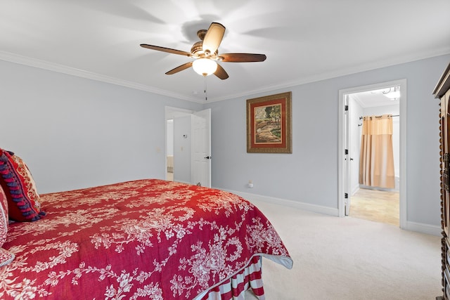 bedroom featuring light colored carpet, ceiling fan, and ornamental molding