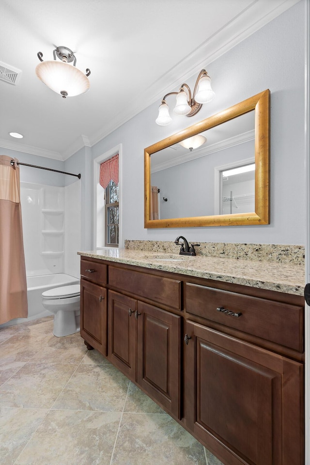 full bathroom with toilet, shower / bath combo with shower curtain, vanity, and ornamental molding