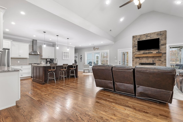 living room with a stone fireplace, ceiling fan, dark wood-type flooring, high vaulted ceiling, and sink