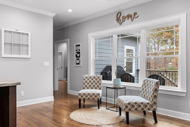 living area featuring dark hardwood / wood-style flooring and crown molding