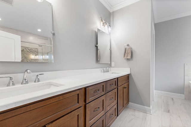 bathroom with ornamental molding, a shower with shower door, and vanity