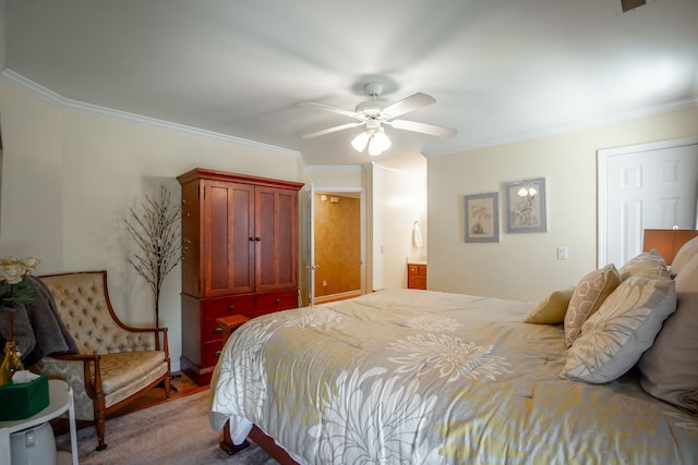 bedroom featuring ceiling fan and ornamental molding