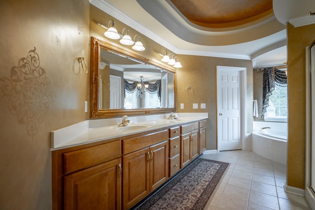 bathroom with tile patterned floors, vanity, ornamental molding, and tiled tub