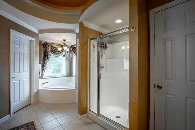 bathroom featuring tile patterned floors, crown molding, plus walk in shower, and an inviting chandelier