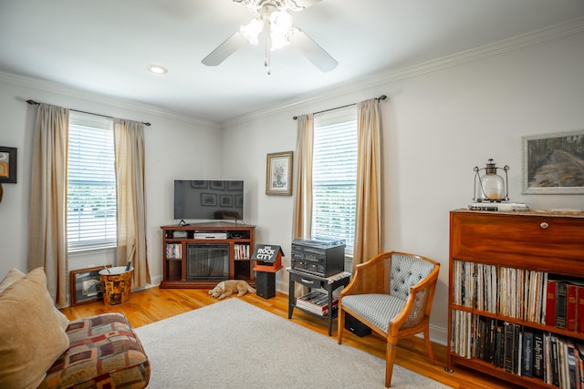 sitting room featuring a fireplace, a wealth of natural light, crown molding, and light hardwood / wood-style floors