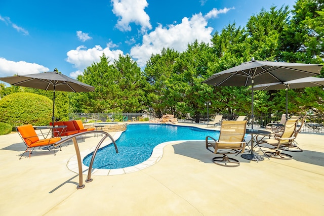 view of swimming pool with a patio