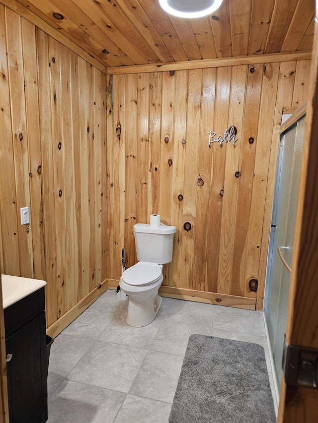 full bath featuring toilet, wood walls, wood ceiling, baseboards, and a stall shower