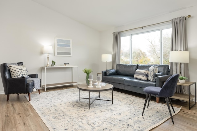 living room featuring light hardwood / wood-style flooring and vaulted ceiling