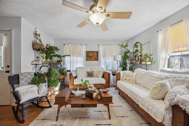 living room with ceiling fan, light hardwood / wood-style floors, and a textured ceiling