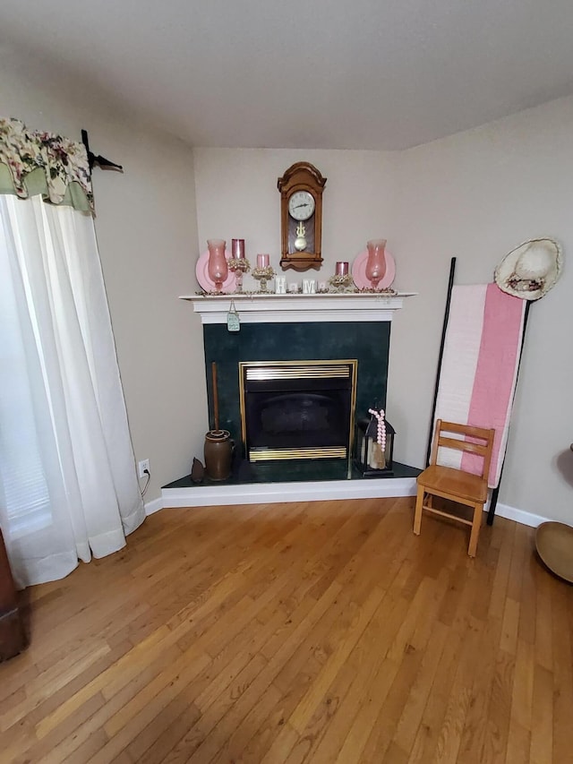 sitting room with light wood finished floors, a glass covered fireplace, and baseboards