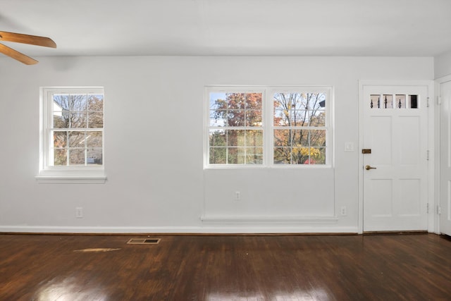 foyer with ceiling fan and dark hardwood / wood-style floors