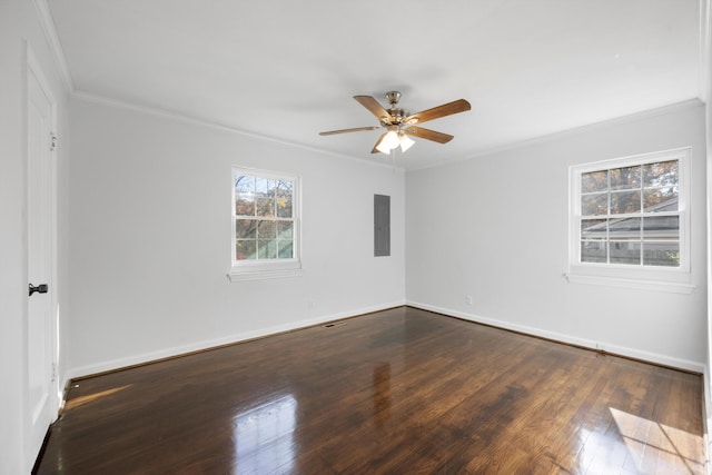 unfurnished room with crown molding, ceiling fan, and dark hardwood / wood-style floors