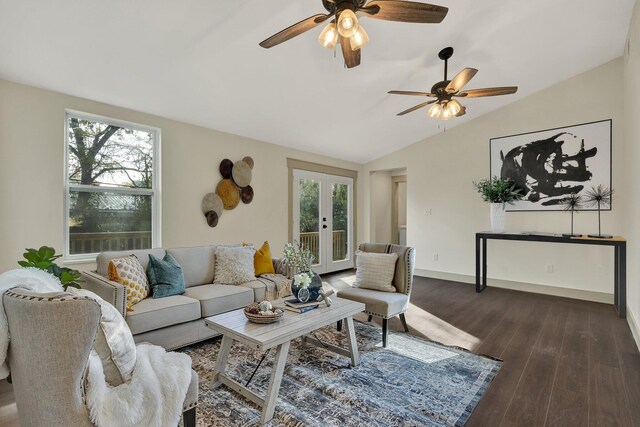 1024 Hurst St, East Ridge, TN 37412 - living room with french doors, plenty of natural light, ceiling fan, vaulted ceiling, and dark wood-type flooring
