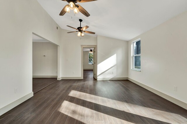 1024 Hurst St, East Ridge, TN 37412 - unfurnished room with ceiling fan, lofted ceiling, dark wood-style flooring, and baseboards