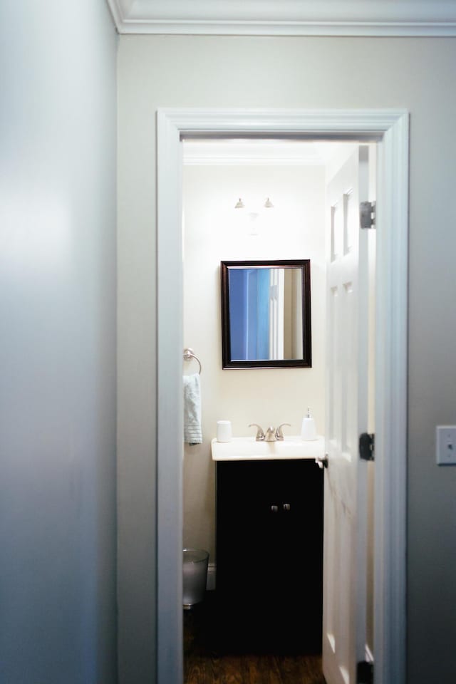 bathroom featuring hardwood / wood-style floors, vanity, and crown molding