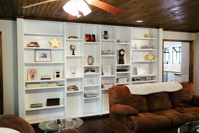 living area with ceiling fan, dark hardwood / wood-style flooring, and wooden ceiling