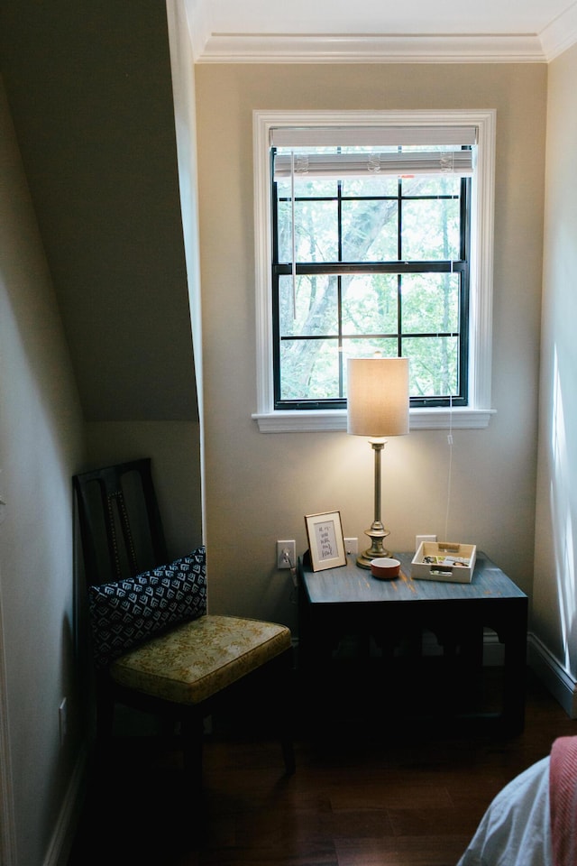 living area with ornamental molding and dark wood-type flooring