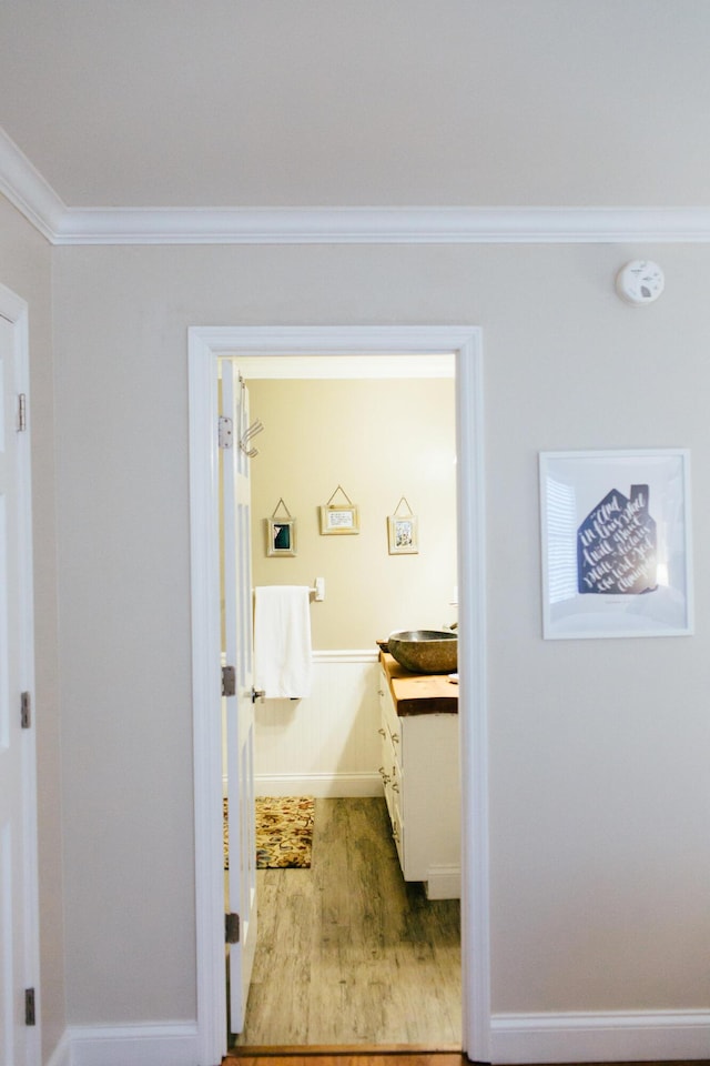 hallway with light hardwood / wood-style floors, crown molding, and sink