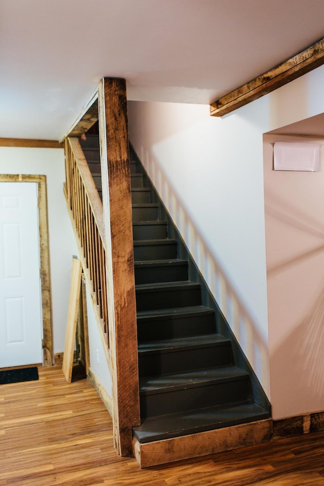 stairs with hardwood / wood-style flooring