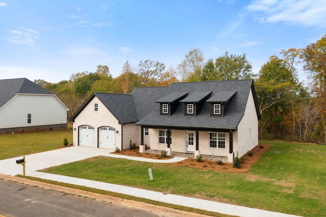 view of front of home featuring a front lawn, a porch, and a garage