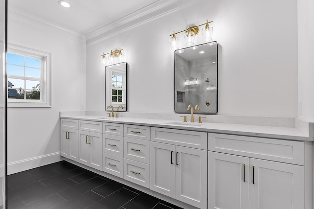 bathroom with tile patterned floors, vanity, crown molding, and a shower