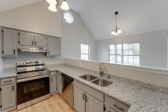 kitchen with sink, stainless steel appliances, a chandelier, lofted ceiling, and light hardwood / wood-style floors