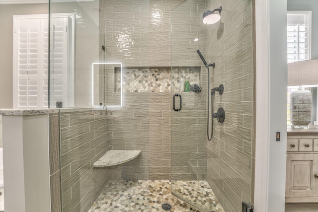 bathroom featuring a shower with shower door