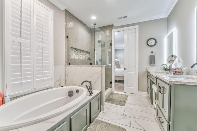 bathroom featuring ornamental molding, plus walk in shower, and vanity