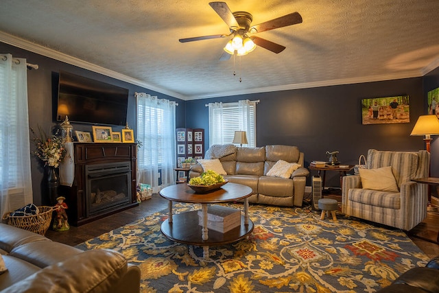 living room featuring crown molding, ceiling fan, dark wood-type flooring, and a textured ceiling