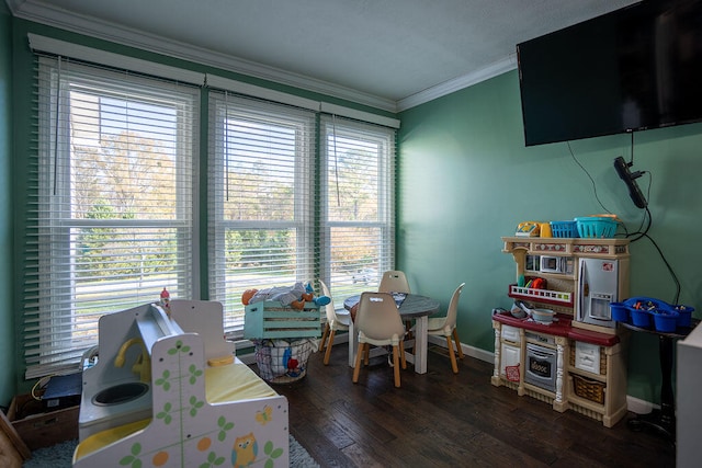 playroom with crown molding and dark hardwood / wood-style floors