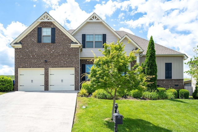 craftsman-style home featuring a garage and a front lawn