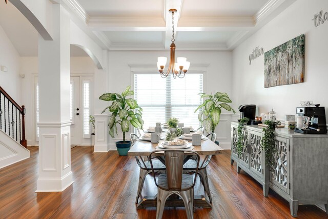 dining area with beam ceiling, coffered ceiling, an inviting chandelier, dark hardwood / wood-style floors, and crown molding