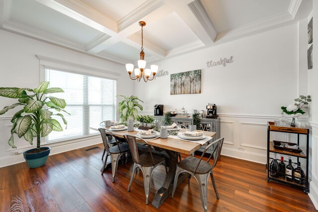 dining space with ornamental molding, coffered ceiling, a notable chandelier, beamed ceiling, and dark hardwood / wood-style floors